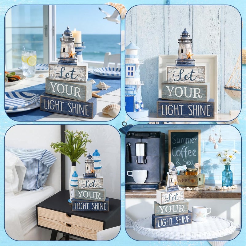 Lineshading 4 Pcs Beach Coastal Table Decor Wooden Lighthouse Decoration with Starfish Summer Tiered Tray Decor Blue and White Ocean Centerpieces Rustic Beach House Nautical Decorations for Home Shelf - Image 4